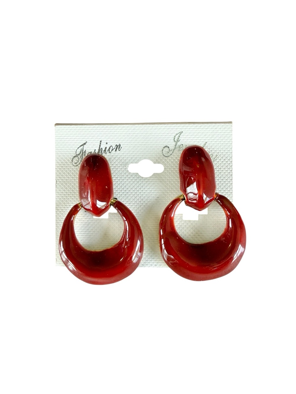 Vintage 90s Red Maroon Enamel Gold Tone Clip On Drop Earrings Chunky Statement